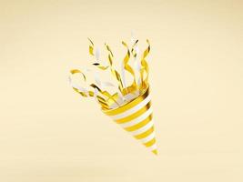 popper de fête dorée avec illustration de rendu 3d de confettis volants. photo