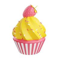 cupcake à la crème tourbillonnante décoré de pépites et illustration de rendu 3d à la fraise. photo