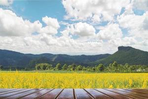 terrasse en bois sur beau champ de fleurs jaunes et fond de paysage de ciel bleu de montagne photo