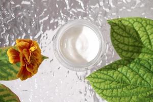 crème de protection du visage pour la saison froide. soins visage hydratants, thérapie anti-âge et anti-rides. vue de dessus. décor d'automne, fleur et feuilles d'oranger. photo