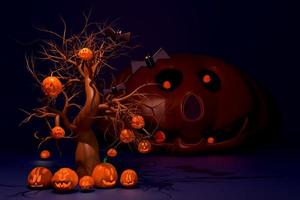 Jack o lantern effrayé et la lumière des bougies dans la citrouille avec arbre et chauve-souris pour joyeux halloween, illustration 3d concept ou rendu 3d photo