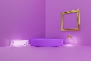 podium avec des formes géométriques vides et de la poterie en composition violette ou violette pour un affichage sur scène moderne et une maquette minimaliste, arrière-plan abstrait de vitrine, illustration 3d de concept ou rendu 3d photo