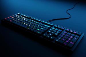 clavier d'ordinateur rvb sur fond noir. rendu 3d de l'équipement de streaming et du concept d'espace de travail des joueurs photo