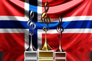 prix de la clé de sol pour avoir remporté le prix de la musique sur fond de drapeau national de la norvège, illustration 3d. photo