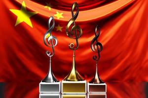 prix de la clé de sol pour avoir remporté le prix de la musique dans le contexte du drapeau national de la chine, illustration 3d. photo