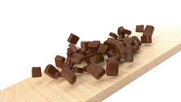 morceaux de chocolat tombant et glissant sur un plateau en bois clair illustration 3d photo