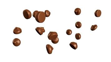 morceaux de pépites de chocolat ou gouttes de la vue de dessus gros plan sur fond blanc chute des pépites de chocolat volant illustration 3d photo