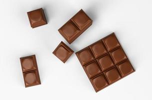 trois morceaux de chocolat au lait deux morceaux de chocolat au lait isolés sur fond blanc. vue de dessus barre de chocolat noir et cubes isolés sur fond blanc, vue de dessus illustration 3d photo