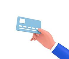 main tenant la carte de crédit pour le paiement en icône 3d. carte de crédit et de débit en main. 3d rendu illustration photo