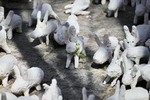 statues de lapin blanc en plâtre lors d'une exposition d'art en plein air, drôles de lièvres blancs dans la rue photo