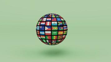 Rendu 3d planète terre globe avec tous les drapeaux de pays sur fond vert clair photo