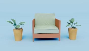 Rendu 3d de chaise et plante sur fond de couleur ciel clair