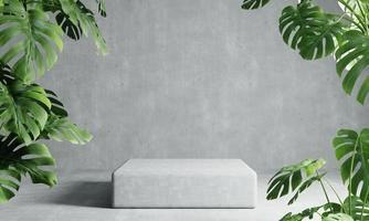 un podium rectangle sur fond de couleur loft gris avec premier plan de plante monstère. élément de modèle de fond d'écran abstrait et concept d'objet intérieur d'architecture rendu d'illustration 3d photo