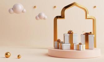 podium de produit minimal avec coffrets cadeaux présents dans le style de culture traditionnelle islamique ramadan ou eid mubarak sur fond de couleur corail. concept de vacances et de festival arabe. rendu 3d photo