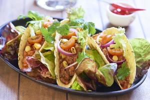 assiette avec taco, salade et trempette aux tomates photo