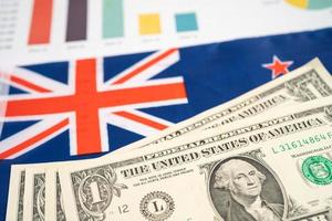 drapeau de l'australie avec des billets en dollars américains argent sur le concept graphique, commercial et financier. photo