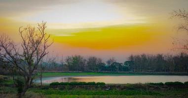 un petit lac au milieu d'un village en fin d'après-midi photo