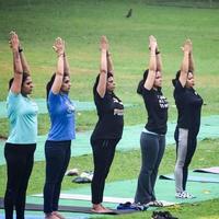 new delhi, inde, 18 juin 2022 - cours de yoga en groupe surya namashkar pour personnes d'âge différent dans le jardin lodhi, journée internationale du yoga, grand groupe d'adultes assistant à un cours de yoga dans le parc photo