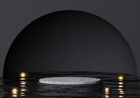 podium gris maquette de luxe sur la surface de l'eau avec marbre doré et cadre noir rond et fond noir. concept minimal abstrait pour l'affichage du produit. rendu 3d photo premium