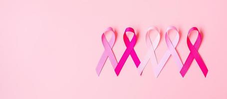 octobre mois de sensibilisation au cancer du sein, ruban rose sur fond rose pour soutenir les personnes vivant et malades. concept de la journée internationale des femmes, des mères et du cancer photo