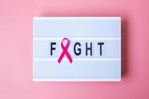 octobre mois de sensibilisation au cancer du sein, ruban rose sur lightbox avec fond de texte de combat pour soutenir les personnes vivant et malades. concept de la journée internationale des femmes, des mères et du cancer photo