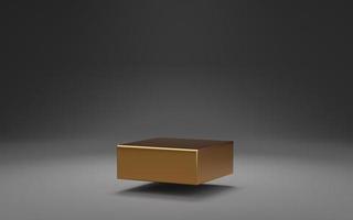 podium de cube d'or vide flottant sur fond noir. objet de forme géométrique 3d studio minimal abstrait. espace de maquette pour l'affichage de la conception du produit. rendu 3d. photo