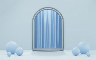 podium de cylindre gris vide avec boule bleue sur tuyau en arc et fond blanc de rideau. objet géométrique 3d studio minimal abstrait. espace de maquette de piédestal pour l'affichage de la conception du produit. rendu 3d.