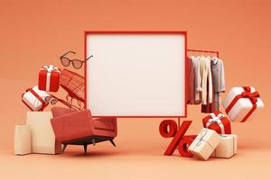 les vêtements de mode lors des promotions et des remises sur les achats en ligne seront entourés de chemises, chaussures, lunettes de soleil et coffrets cadeaux et forfaits avec espace publicitaire bannière fond pastel rendu 3d photo