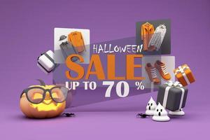 affiche ou bannière de promotion de vente d'halloween avec citrouille d'halloween et vêtements de shopping de mode et boîte-cadeau avec scène de podium de produit.site web effrayant, arrière-plan pour le modèle de bannière halloween. rendu 3D photo