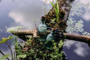 les bouteilles en verre sont remplies d'ingrédients magiques, d'élixir. forêt mystérieuse. photo