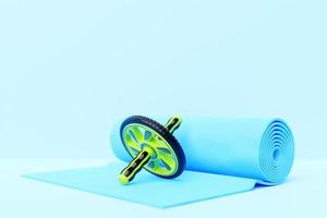 illustration 3d, rouleau compact vert manuel à deux roues avec poignées pour l'entraînement de la presse et tapis bleu. photo