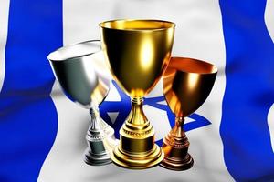 illustration 3d d'une coupe de gagnants d'or, d'argent et de bronze sur le fond du drapeau national d'israël. Visualisation 3D d'un prix pour réalisations sportives photo