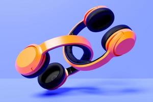 Illustration 3d d'une paire d'écouteurs rétro orange sur fond bleu et violet isolé. illustration d'icône de casque photo