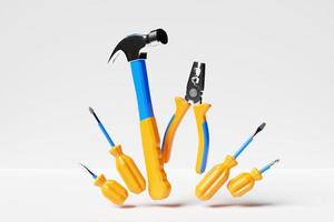 illustration 3d d'un marteau en métal avec une poignée jaune, des tournevis, des outils à main de pinces