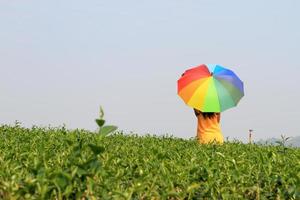 belle femme tenant un parapluie multicolore et un ciel bleu photo