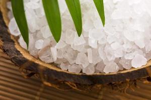 sel de mer avec feuille de palmier photo