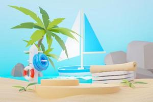 Support de podium de vente d'été de rendu 3d pour montrer le produit. scène de vacances à la plage en été pour maquette. photo