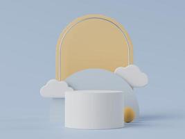 Podium minimal de ton bleu terre 3d avec cylindre blanc et nuages blancs pour la maquette et la présentation des produits. présentoir pour présentation. photo