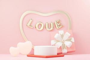 rendu 3d scène douce minimale avec podium d'affichage pour la maquette et la présentation de la marque de produit. socle rose pour le thème de la saint valentin. joli fond de coeur mignon. style de conception de la journée d'amour. photo