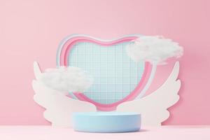 rendu 3d scène douce minimale avec podium d'affichage pour la maquette et la présentation de la marque de produit. socle rose pour le thème de la saint valentin. joli fond de coeur mignon. style de conception de la journée d'amour. photo