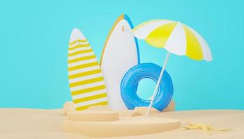 Support de podium de vente d'été de rendu 3d pour montrer le produit. scène de vacances à la plage en été pour maquette. photo