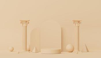 Rendu 3d d'un podium d'affichage minimal abstrait avec un arrière-plan de pilier baroque antique grec. conception de piédestal pour la maquette et la présentation du produit. scène de couleur pastel propre. photo