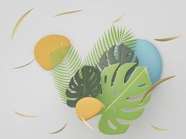 Rendu 3d de formes géométriques abstraites de qualité supérieure et d'un décor de gravier de luxe pastel avec des feuilles tropicales sur fond blanc. photo