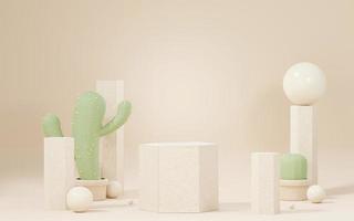 Maquette 3d podium crème marron avec mini thème du désert de cactus et de sable. scène de piédestal pour la présentation de produit et de cosmétique. scène colorée abstraite pour la publicité. fond de promotion des ventes. photo