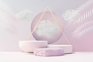 Présentoir de produit piédestal premium beauté 3d avec terre de rêve et nuage moelleux. scène minimale de ciel et de nuages pastel pour la promotion actuelle des produits et les cosmétiques de beauté. concept de pays de rêve romantique. photo