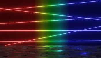 rendu 3d de la lumière néon rvb sur fond d'obscurité. des lignes laser abstraites s'affichent la nuit. scène de faisceau de spectre ultraviolet photo