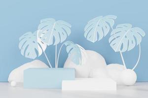 rendu 3d de l'affichage abstrait du podium du piédestal avec des feuilles tropicales et une scène de plantes pastel bleues. concept de produit et de promotion pour la publicité. fond naturel pastel bleu. photo