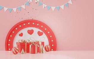 rendu 3d d'une scène minimale d'espace vide avec le thème de la saint-valentin. scène d'affichage pour la maquette de présentation du produit. se tenir dans une belle couleur rose douce avec une jolie boîte cadeau. photo