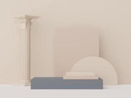 Rendu 3d d'un podium d'affichage minimal abstrait avec un arrière-plan de pilier baroque antique grec. conception de piédestal pour la maquette et la présentation du produit. scène de couleur pastel propre. photo