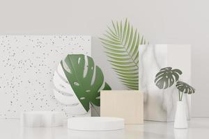 rendu 3d de l'affichage abstrait du podium du piédestal avec des feuilles de monstère tropicale. concept de produit et de promotion pour la publicité. fond naturel vert. photo